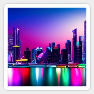 Ai Generated Art Scenery - Futuristic City With Beatiful Lighting Behind Iluminated River Magnet